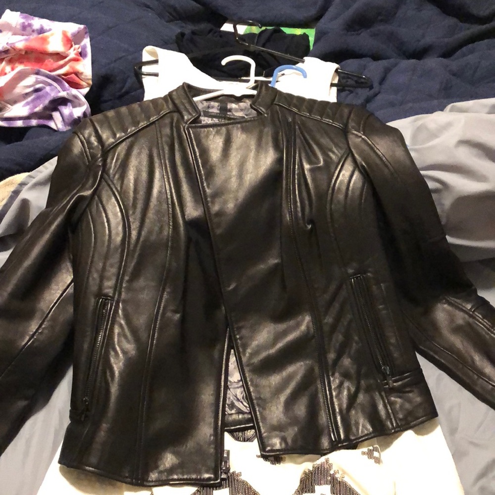 Black leather motorcycle style jacket